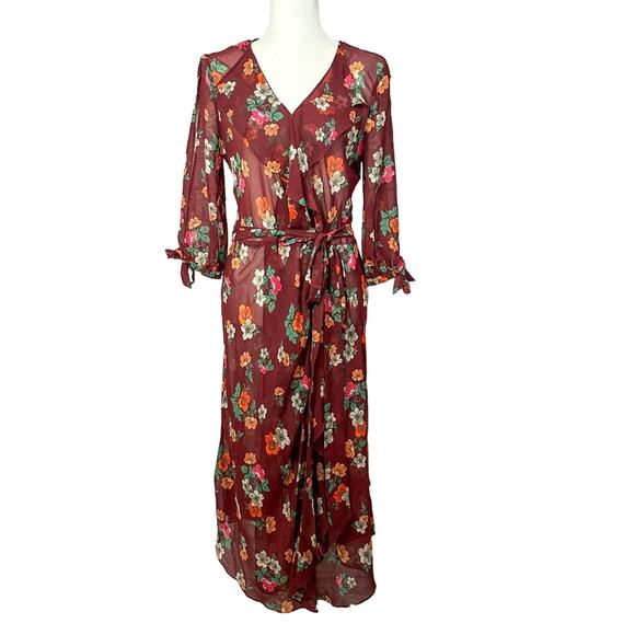 Maje Reselia Burgundy Floral Chiffon Sheer Wrap Maxi Dress, EUC, Size 3 US Large - Picture 1 of 10